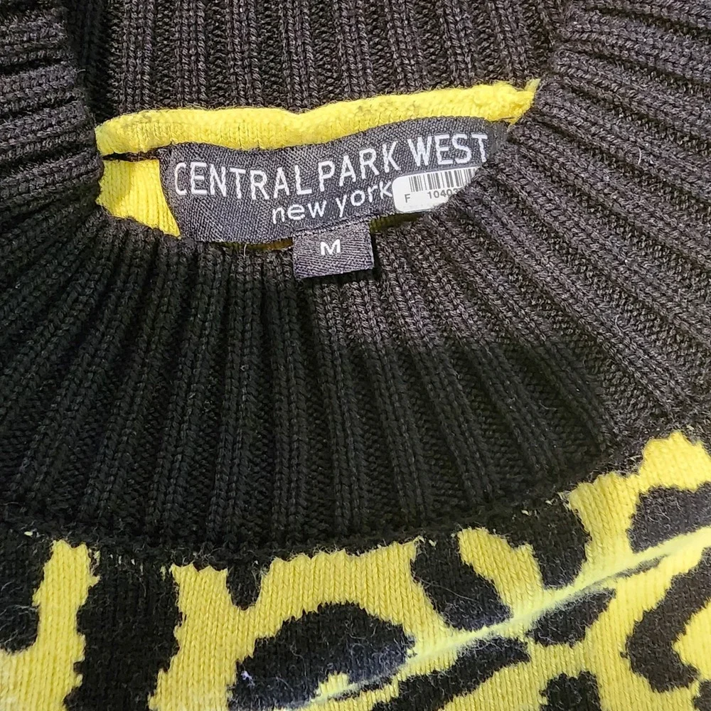 Central Park West Sweater Womens Medium Neon Yellow Leopard Ribbed Crewneck Cozy